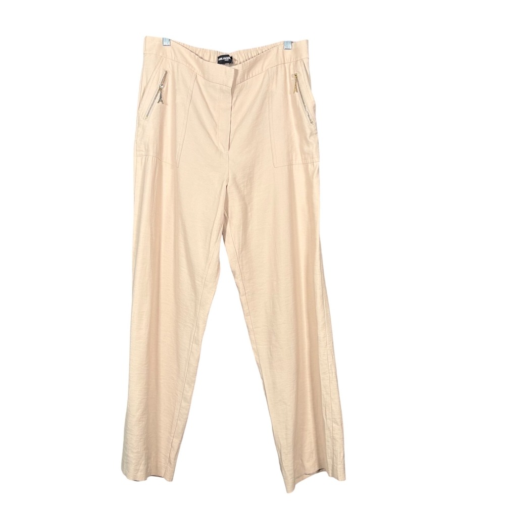Karl Lagerfeld Paris Womens Beige Eiffel Tower Zip Straight Leg Pants Size 14